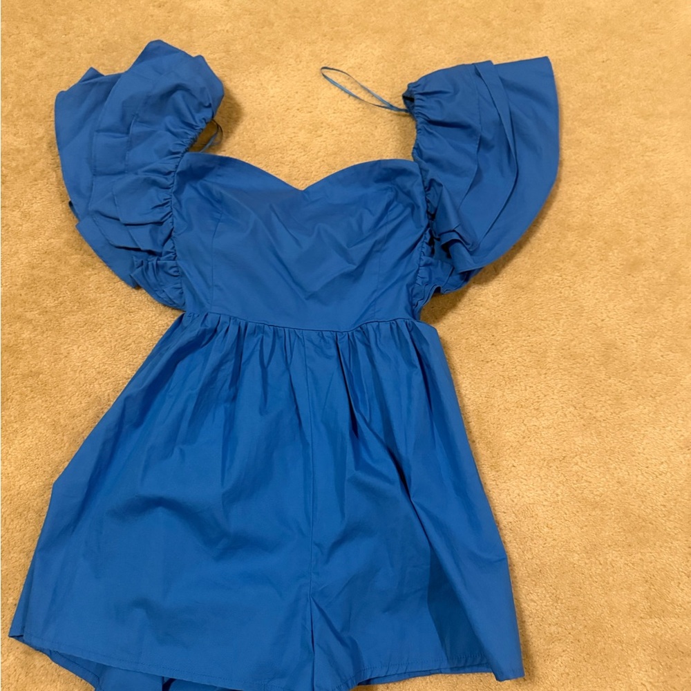Blue Off-Shoulder Dress with Puff Sleeves